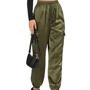 Joie Women’s Satin Drawsting Elastic High Waist pocket cargo olive pants Medium